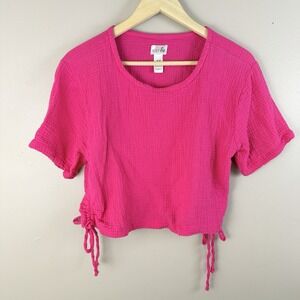 Just Be Womens 1X Pink Cotton Gauze Drawstring Crop Top Boho Beach